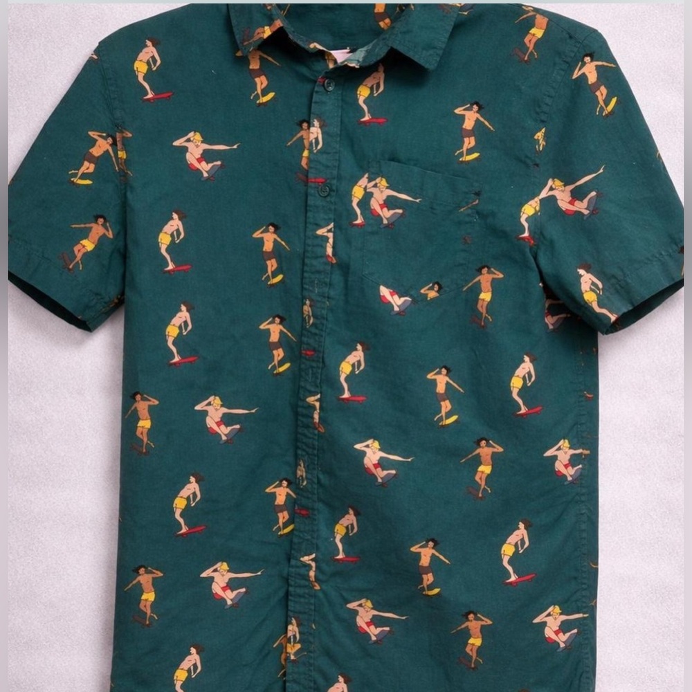 Forever 21 Women’s Button-Up Shirt – Teal Green Print – Size Medium – Excellent
